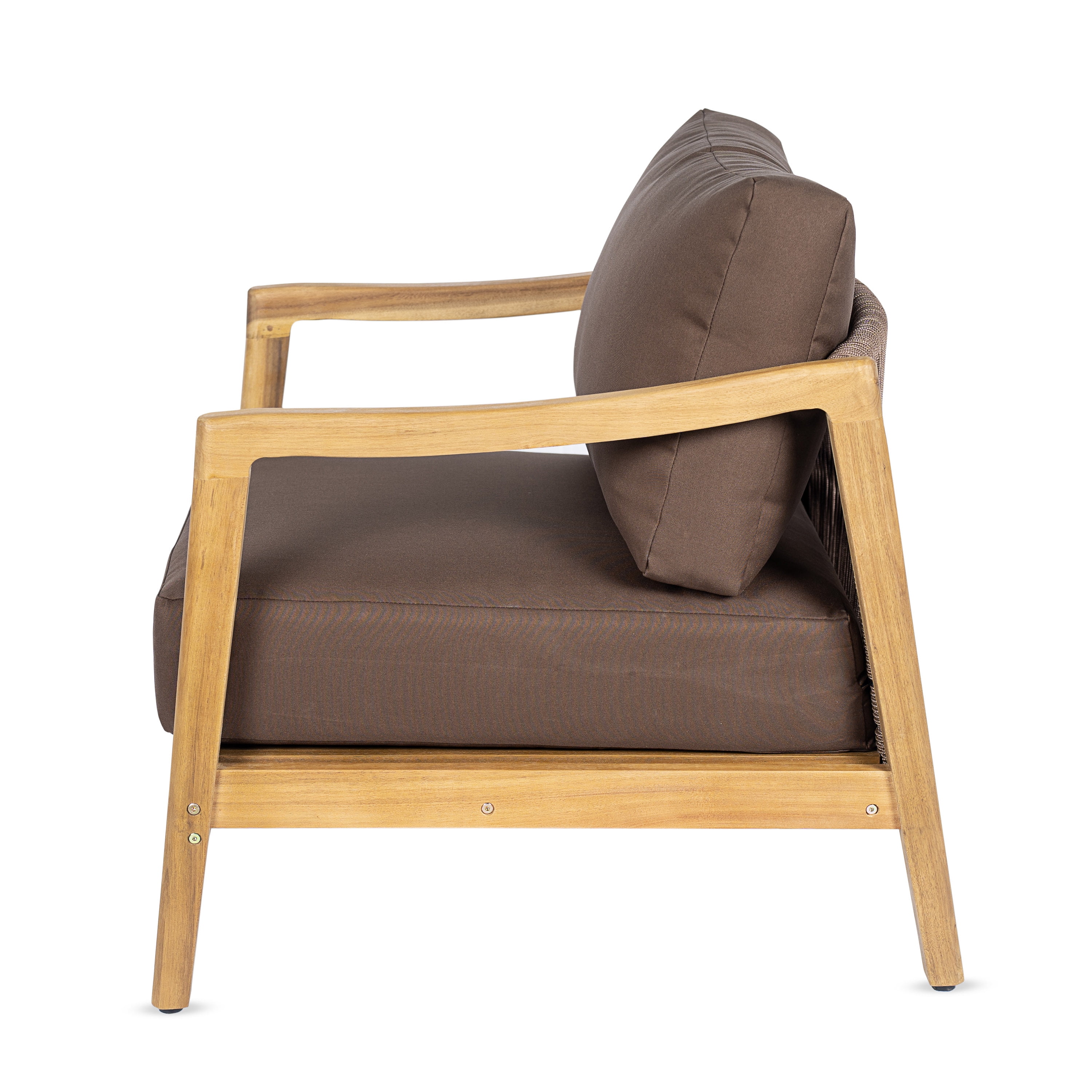 Club Chair, Outdoor Acacia Wood Frame Chair with Rope Back Detail Water-Repellent Brown Cushions, Teak