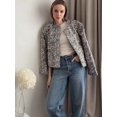thumbnail image 4 of Chaqueta corta con adornos de lentejuelas plateadas para mujer, cárdigan informal de manga larga con cuello redondo y bolsillos, abrigos elegantes para otoño, 4 of 5