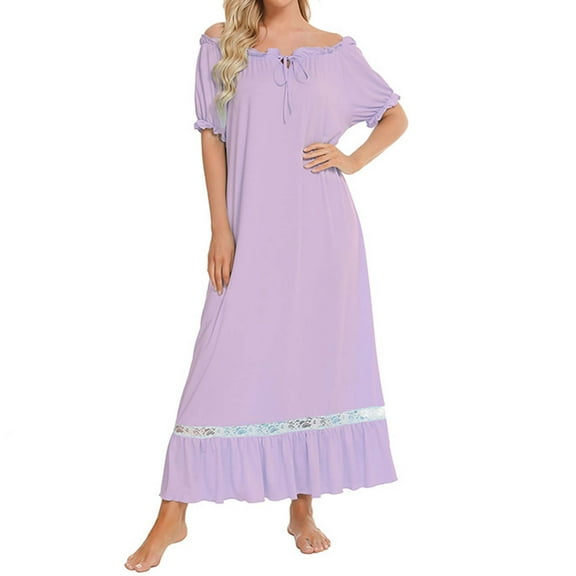 Hauaitttt Women Solid Color Lace Splice Short Sleeve Nightgown Cute Comfortable Sleepwear Home Dress Women Nightshirt Short Nightgown Sleepwear Summer Womens Soft Nightgowns Summer Sleep Gowns