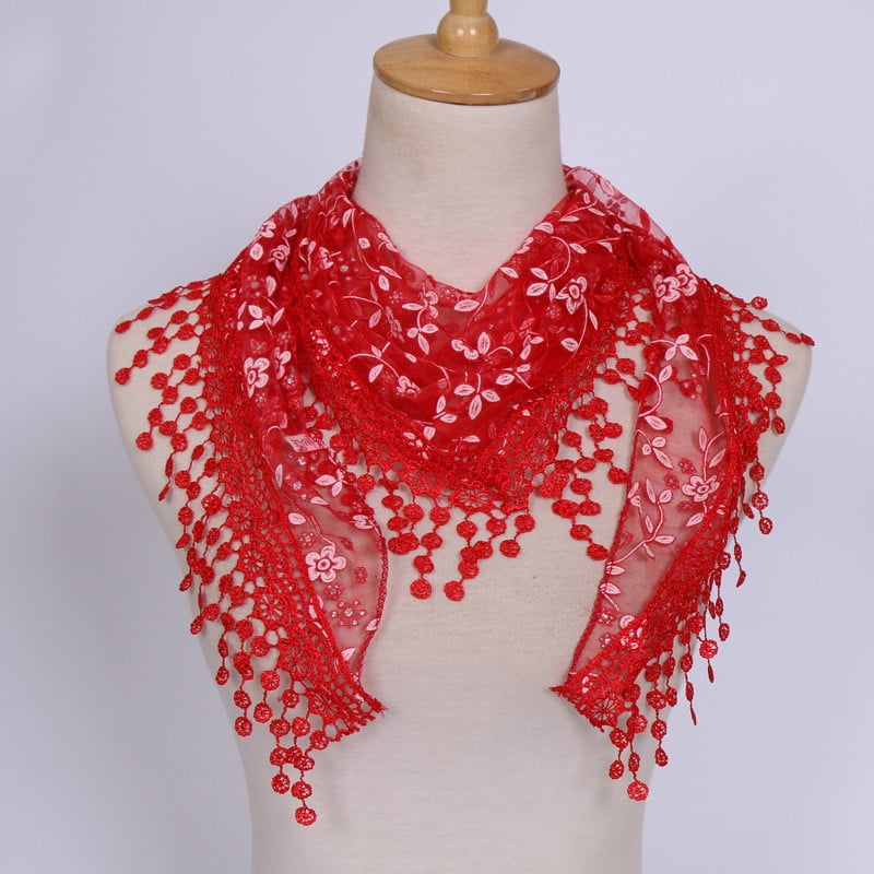 Lace Scarf Wave Curly Fringe Embroidery Sewed On Flower Tassel Sheer Solid Color 