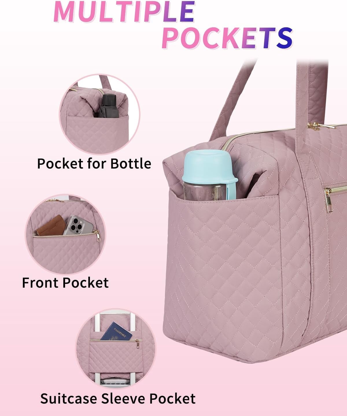 WANDF Travel Duffel Bags with Shoe Bag,Airline Approved Personal Item Bag for Women with Wet Pocket,Trolley Sleeve,Quilted Overnight Weekender Bag for Camping Gym Beach(Pink Bag)
