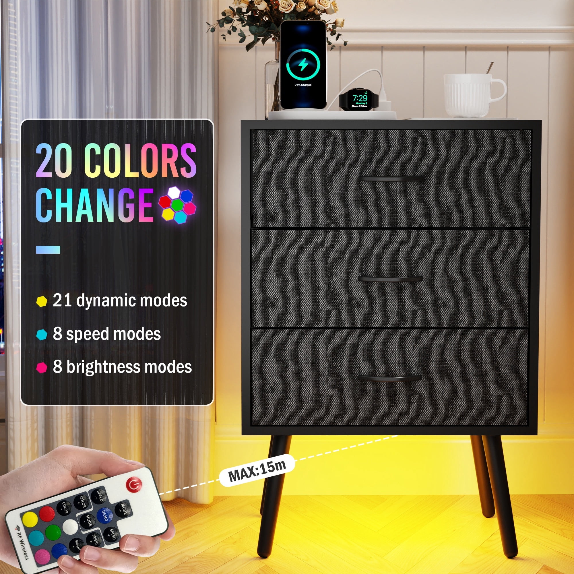Nightstand Set of 2, Holaki Nightstand for Bedroom with Charging Station, Modern Nightstand with 3 Storage Drawer & 20 Colors LED Lights, Bedside Table for Living Room, Black