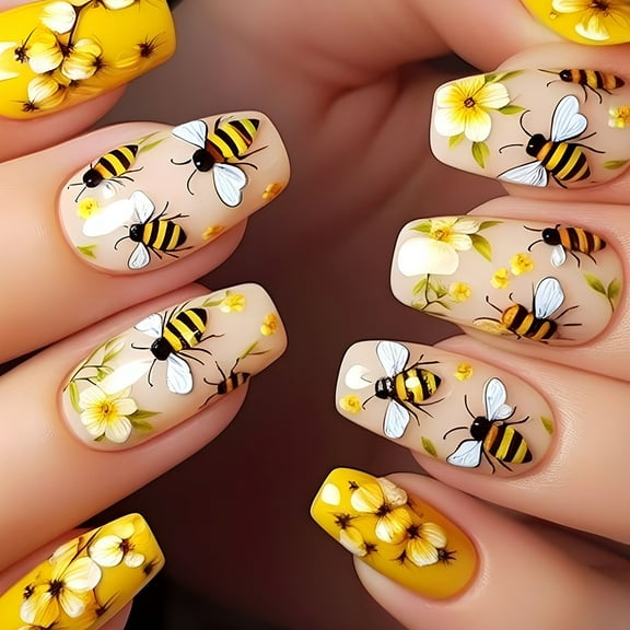 Coffin Press on Nails Full Covers on Nails Flower Designs False Nails for Women Girls Manicure Nails Accesories