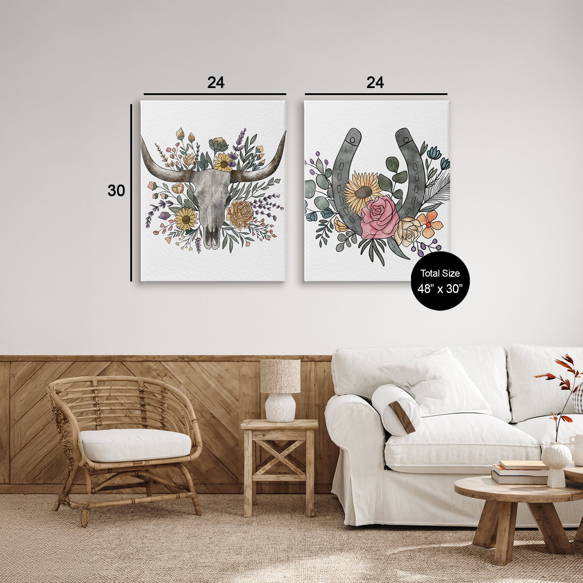 Stupell Industries Boho Longhorn & Horseshoe 2 Piece Canvas Wall Art Set, design by Alisha Kiara Design