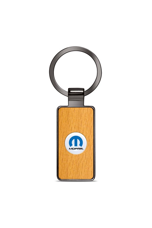 for Mopar Roundel Logo in White on Maple Wood Gray Gunmetal Metal Case Key Chain, Official Licensed