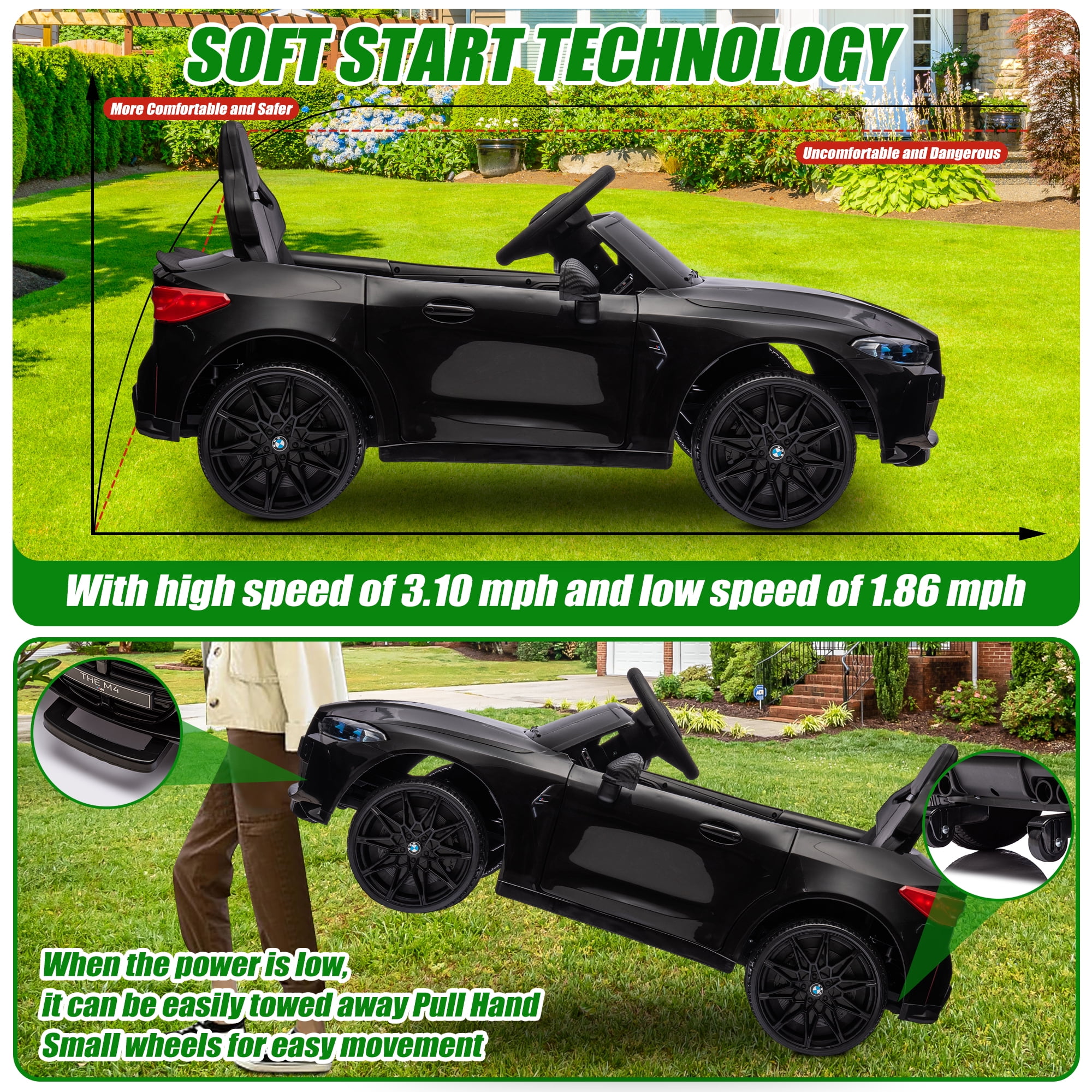 12V Ride on Cars with Remote Control, Licensed BMW M4 Battery Powered Ride on Toys for Kids Boys Girls Gifts, Kids Electric Cars Vehicle with Music, Bluetooth, Story, USB/MP3 Port, LED Light, Black