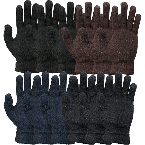 SOCKS'NBULK 12 Pairs Winter Gloves, Assorted Solid Colors, Warm Acrylic, Mens or Womens (Mens Assorted)