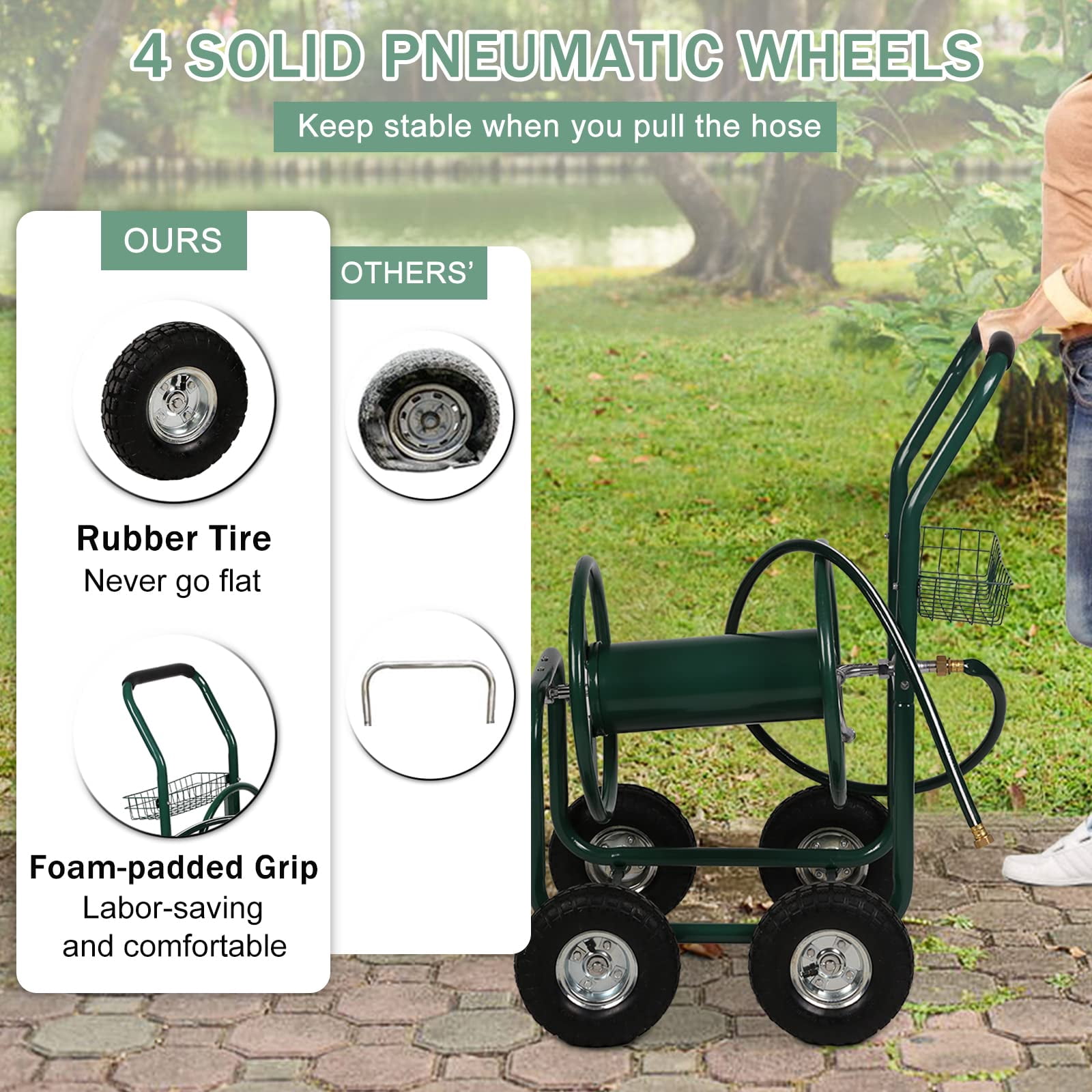 Garden Hose Reel Cart,  Hose Reel Cart with  4 Wheels, Heavy Duty Outdoor Water Planting Truck with Storage Basket (Green)