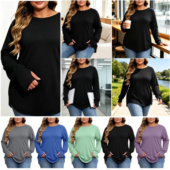 QATAINLAV Plus Size Long Sleeve Shirts for Women Loose Casual Crew Neck Raglan Tops with Thumb Hole Fall Layering T-Shirts