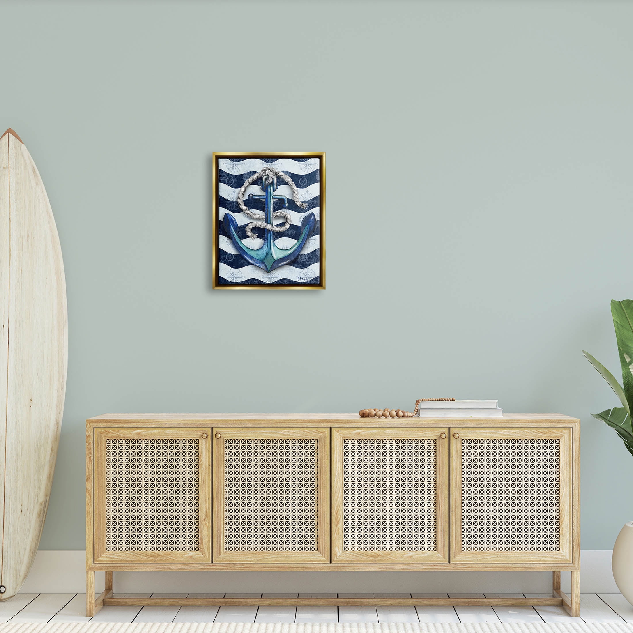 Stupell Industries Nautical Anchor Wavy Navy Stripes Graphic Art Metallic Gold Floating Framed Canvas Print Wall Art, Design by Paul Brent