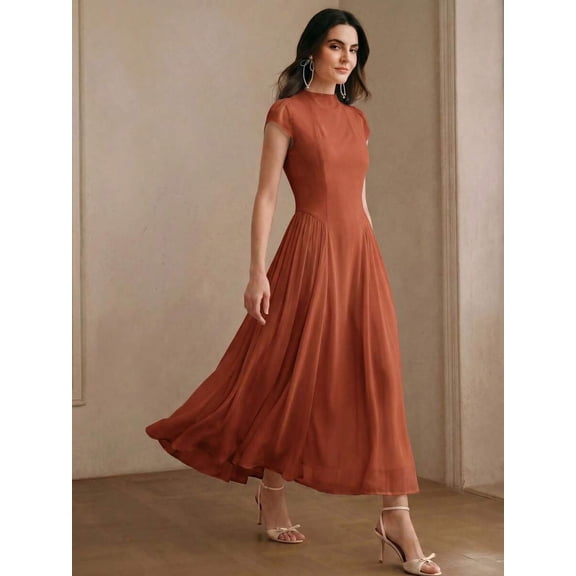 Womens Elegant Redwood High Neck Cap Sleeve A-Line Long Dress