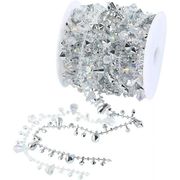 1 Roll 16.4Ft/5m Silver Bead Garland Christmas Tree Garland Strands Iridescent Diamond Beaded Trim Bead String Garland Ornaments for Wedding Party Home Holiday Chandelier Decoration