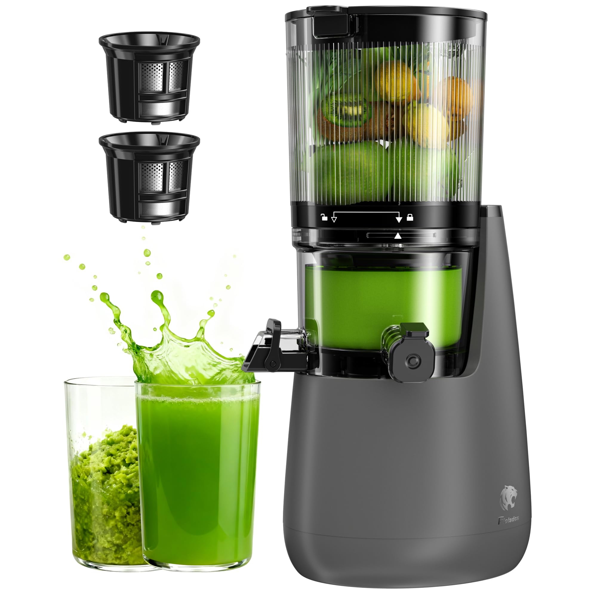 Cofiyard Cold Press Juicer, 6" Wide Feed Chute Slow Masticating Juicer Machine, Self Precut System, High Juice Yield, BPA-Free, Extra one Replace Juicer Strainer, Dark Gray