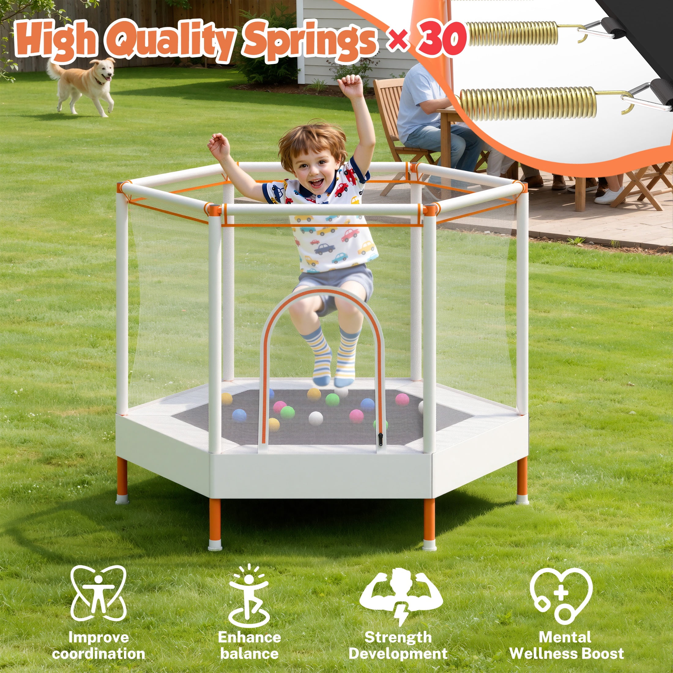 SHINPT 55'' Kids Trampoline with Safety Net, No-Gap Toddler Trampoline Indoor&Outdoor, Mini Trampoline for Kids Ages 3-8, 4.5FT Small Trampoline with Enclosure, Easy Assembly