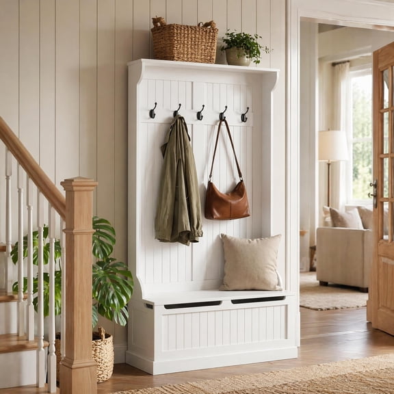 HOMCOM 3-in-1 Hall Tree Entryway Storage Bench with Coat Rack, Shoe Storage Cabinet, 5 Double Hooks, Anti-Tip Wall Anchor, Cream White
