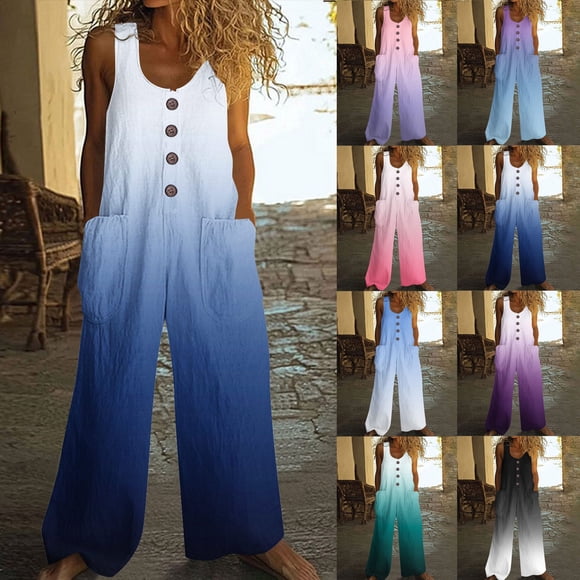 Sentmoon Womens Jumpers and Rompers Women Jumpsuits Casual Sleeveless Crew Neck with Print Button Down Regular Fit Summer Jumpsuit with Pockets for Beach and Vacation