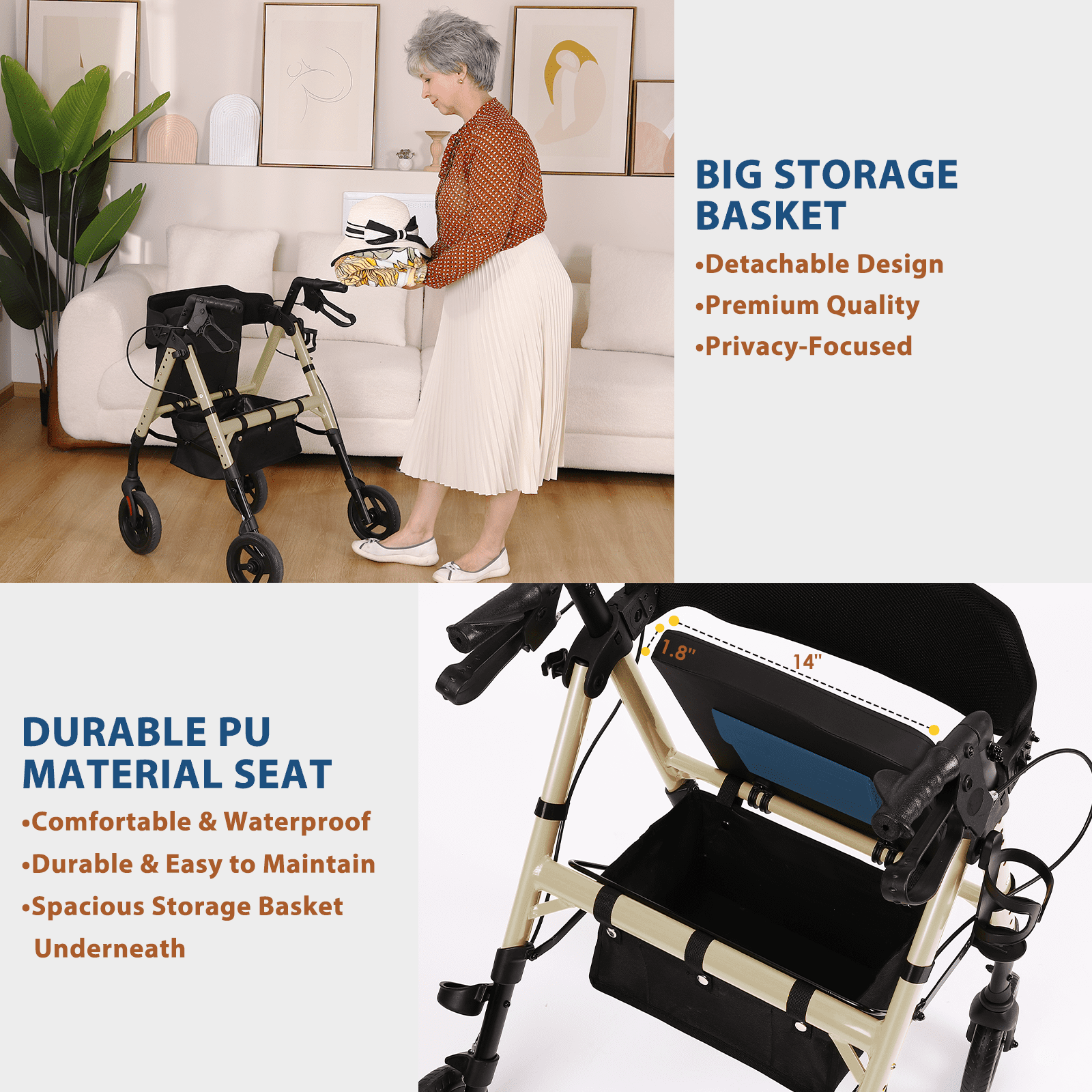 Foldable Rollator Walker with Seat for Seniors - Lightweight Rolling Walkers with Brakes, 300 lb Capacity, 8" All-Terrain Wheels, Adjustable Handles and Seat Height & Removable Storage Bag, Champagne