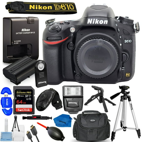 Nikon D610 Digital Camera (Body Only) with Bundle Includes: SanDisk 64GB Extreme PRO, Wireless Remote Control for Nikon Only, 60 Tripod & Much More (14pc Bundle)