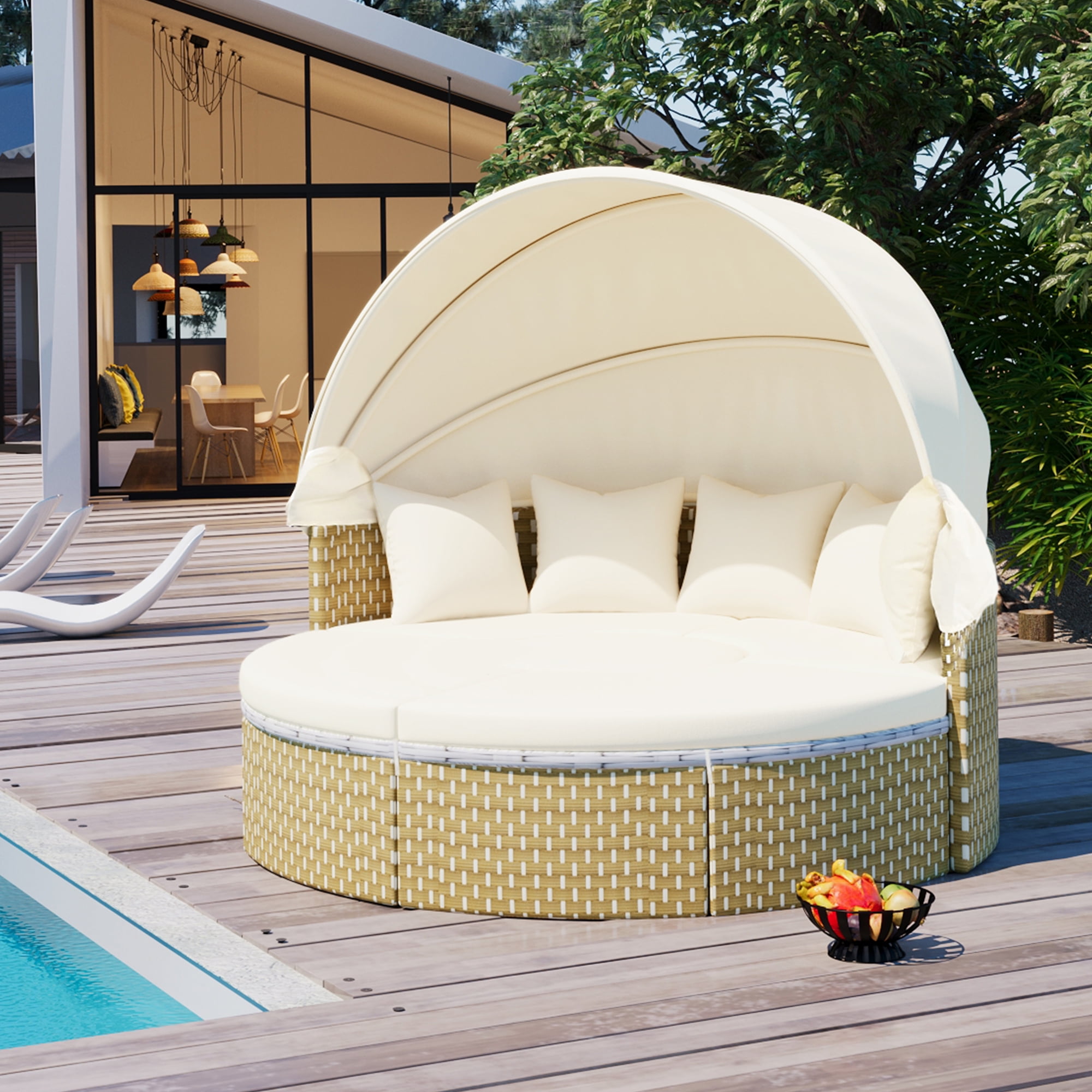 MAYEERTY Luxury Outdoor Round Sectional Sofa Set – Rattan Daybed with Retractable Canopy, Adjustable Table & Removable Cushions