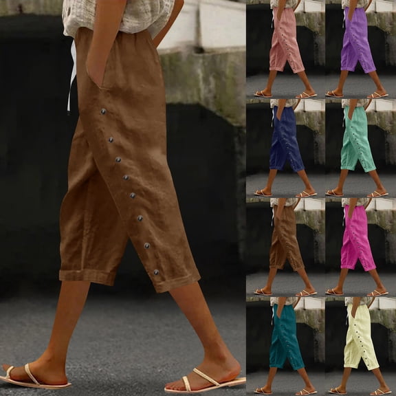 Lcziwo Capri Pants for Women Cotton Linen Side Button Elastic Waist Capris Drawstring Pockets Casual Loose Summer Trousers Brown,XXL