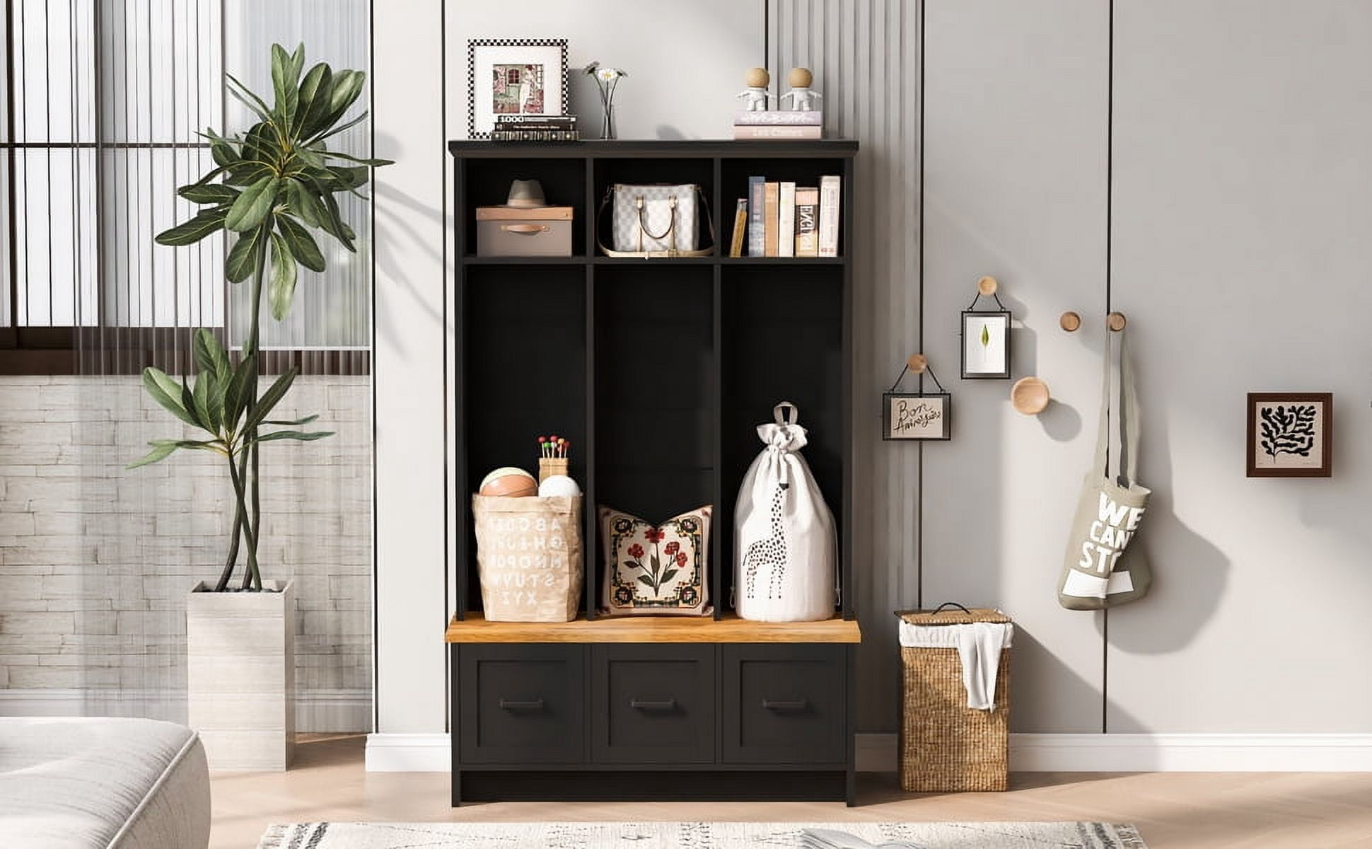 Euroco 40.2'' Wide Hall Tree with Storage Bench,Modern Hall Tree with Entryway Bench, 3 Shelves and Drawers