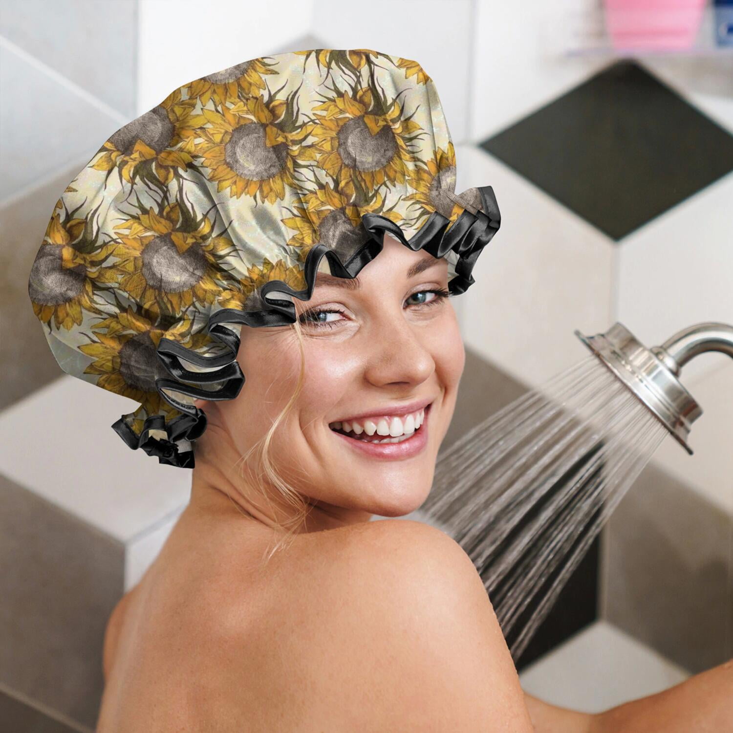 Shower Caps,Beige Sunflower Pattern Waterproof Shower Cap for Women 4 Pieces,Double Reusable Hair Cover for Shower PEVA Elastic Stretch Hem