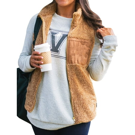 Fleece Zipper Vest - HomeTop Women Sleeveless Fleece Lapel Zipper Vest Coat