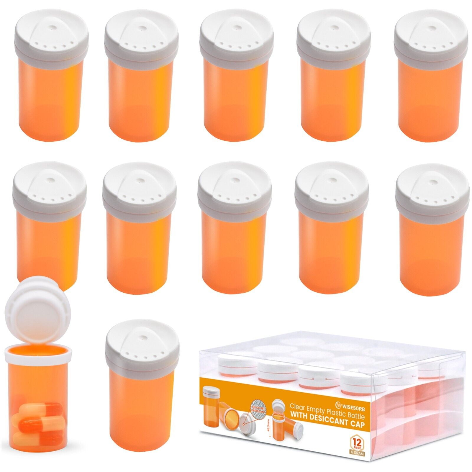 WiseSorb 12 Packs of 6 Dram Pill Bottles Empty with Caps & Desiccant