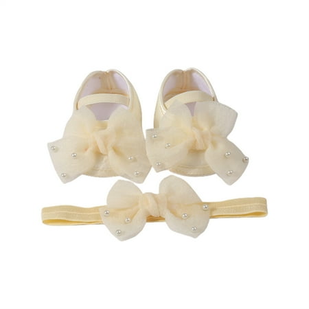 Mildsown Baby Girls Baptism Shoes and Headband Pearl Bow Flats and Hairband