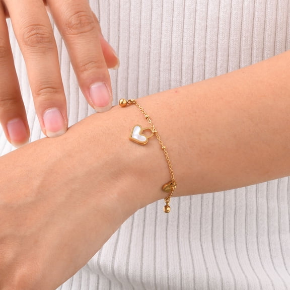 Heart Charm Bracelet for Women, 18k Gold Plated Stainless Steel Chain Bracelets with Shell Heart, Adjustable Womens Link Bracelet Jewelry Gifts