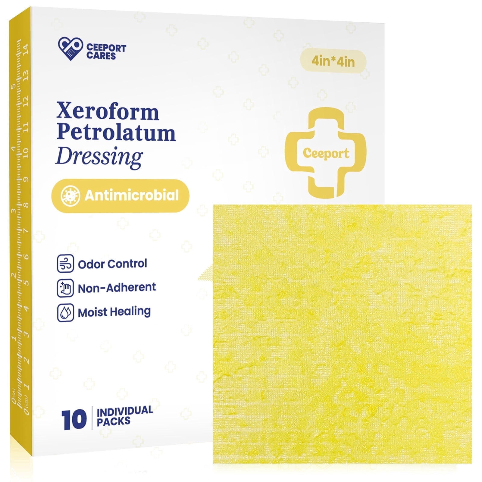 Ceeport Xeroform Petrolatum Dressing 4x4, Non-Adherent Medical Gauze Pad Strip(10 Individual Pack)