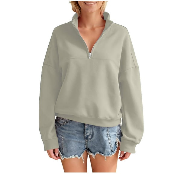 Scyoekwg Womens Half Zip Sweatshirts Solid Color Long Sleeve V Neck Tunic Sweatshirts Dressy Casual Workout Pullover (Gray,L)