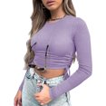 thumbnail image 4 of XFLWAM Women's Crew Neck Ruched Side Drawstring Crop Top Long Sleeve Ribbed Fitted Crop T-Shirt Cute Solid Color Bodycon Tops Purple S, 4 of 7
