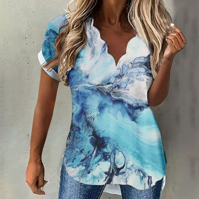 Pntutb Blusa de manga corta con cuello en V y estampado casual de verano para mujer Pntutb Pntutb-5064