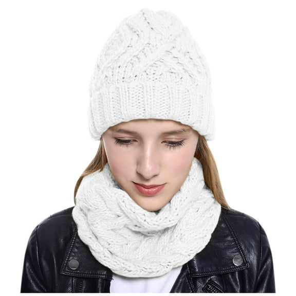 PMVFHDE Women Winter Knit Set Neck Warmer Combo Sphere Hat Warm Brushed Lined for Cold Weather White