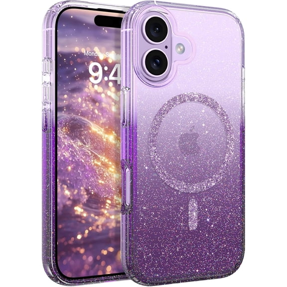 Magnetic for iPhone 17 Case Clear &Semi Transparent Purple Crystal Glitter[Compatible with MagSafe], Shockproof Anti-Scratch Sparkly Cute Shiny Phone Case for iPhone 17 6.3“ Gradient Purple