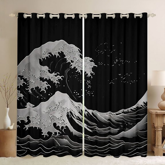 Feelyou Ocean Wave Curtains Pack of 2 (42x84 Each), Vintage Tokyo Curtains Blackout