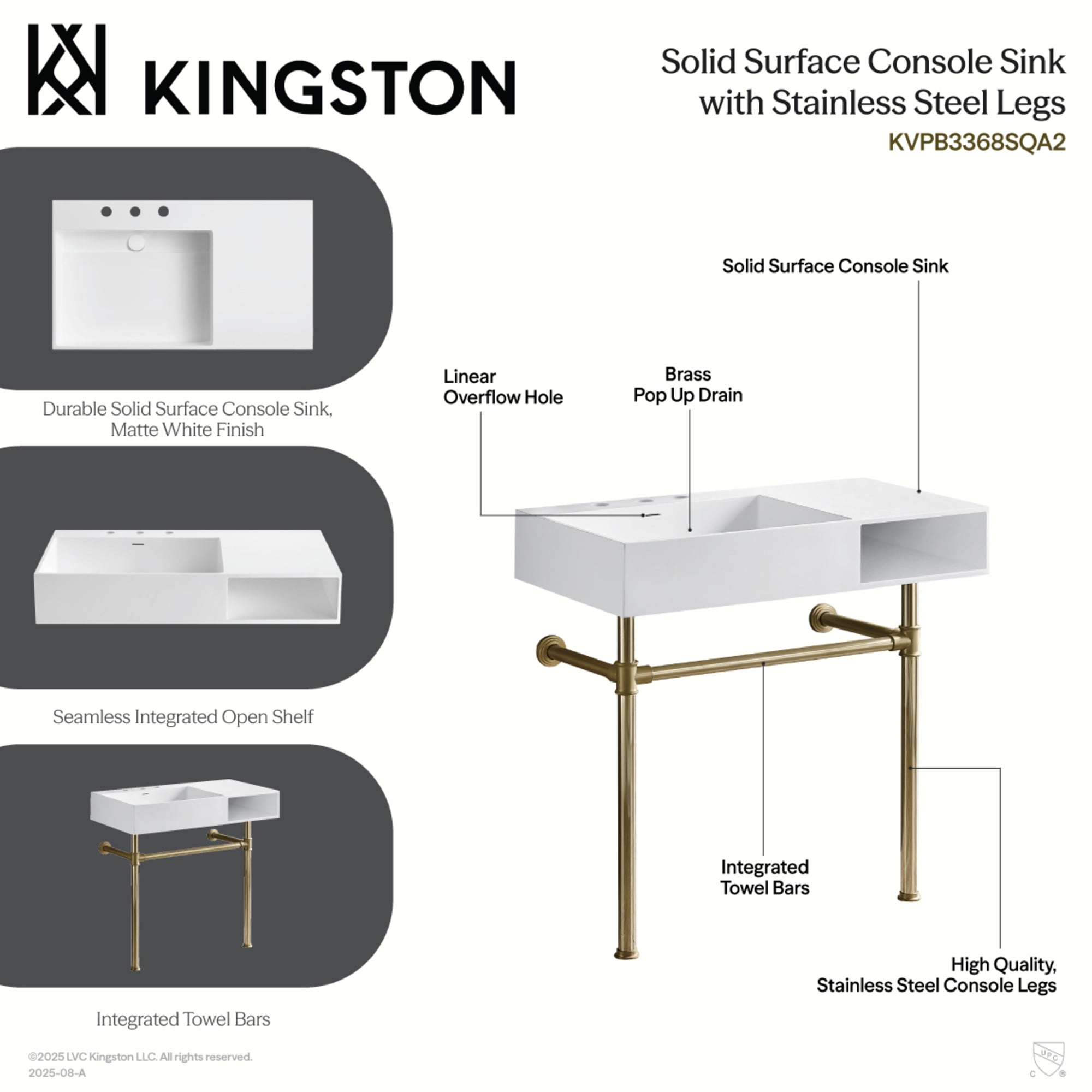Kingston Brass KVPB3368SQA1 Aurelius 36-Inch Solid Surface Console Sink with Stainless Steel Legs (8-Inch, 3-Hole) in Matte White/Polished Chrome