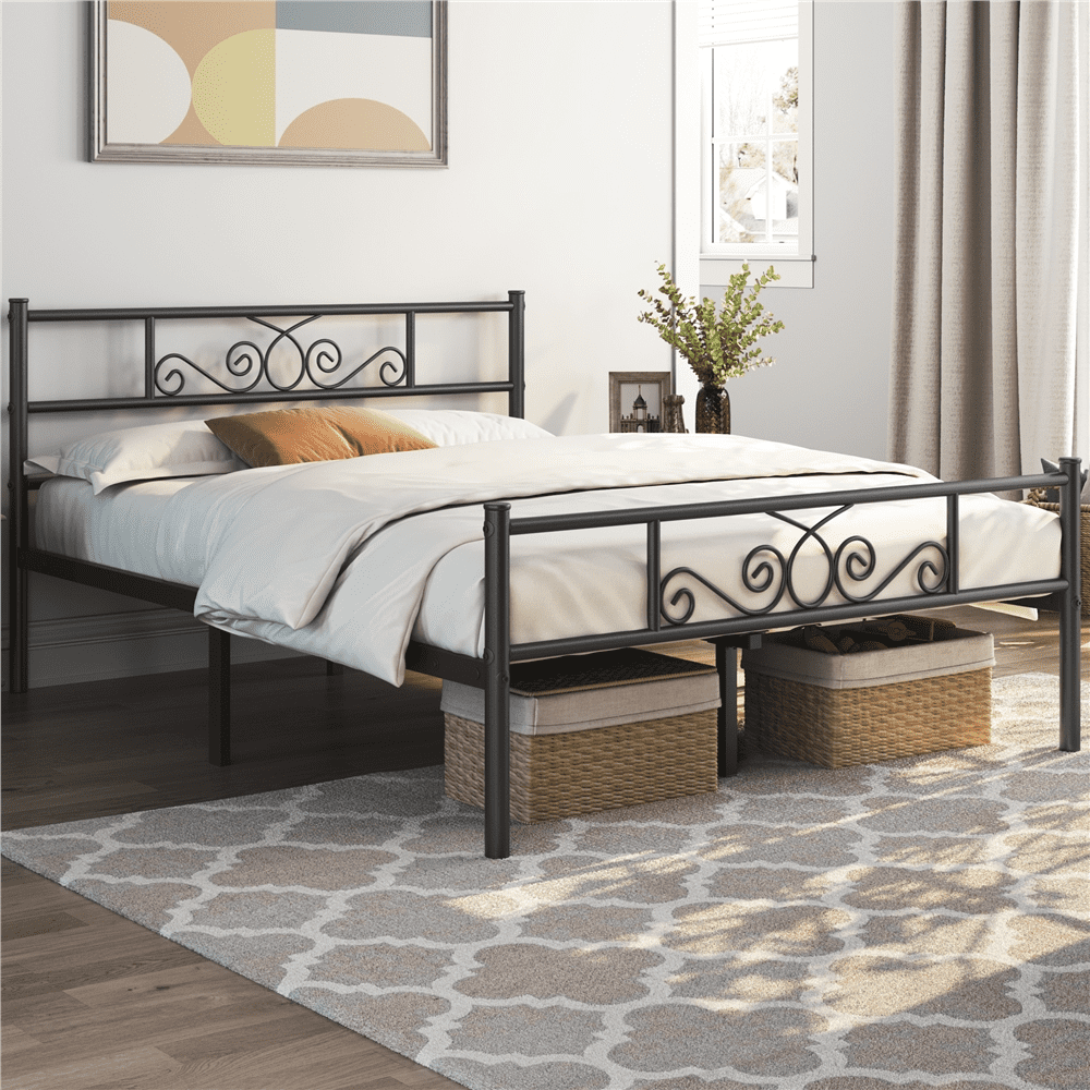 Fullfurnique Metal Platform Bed Frame with Scroll Headboard and Footboard, Queen, Black