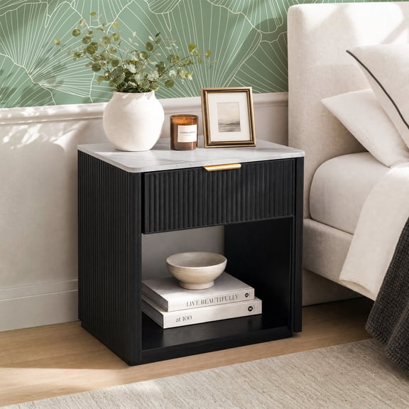 Furniture of America Elarin Modern Wood 1-Drawer Nightstand with Open Bottom Shelf, Black