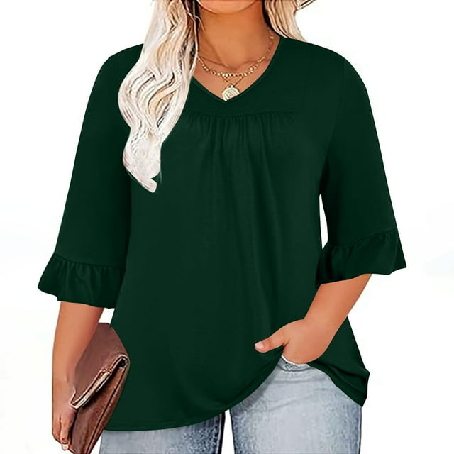 Meichang Women's Plus Size Tops 3/4 Ruffled Sleeve V Neck T-Shirts Solid Loose Fit Front Pleated Top Soft Comfy Tunic Blouses