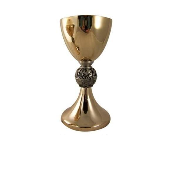 8" Catholic Church Gold Gilded Priest Chalice & Paten Sacred Vessel Fish Node