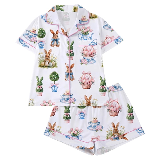 Blusa de Manga Corta Blusa Casual con Botón de Vuelta Y Pantalones Cortos para el Conjunto Corto de Verano