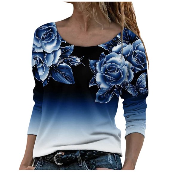 USSUMA Long Sleeve Shirts For Women - Fashion Classic Fit Daily Shirts for Women Graphic Tees Crew Neck Long-Sleeves Women's Fall Winter Tees Tops Animal Tie Dye Heart Design T Shirt
