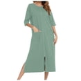 thumbnail image 1 of Falda informal cómoda de mujer, pijama holgado, camisón de manga 3/4 - Bata con cremallera, mezcla de algodón suave, dos bolsillos, largo hasta la pantorrilla, 1 of 6
