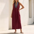 thumbnail image 7 of SAWOBUUN Womens Sleeveless Maxi Dress V Neck Contrast Collar Caftan Dress Casual Loose Fit Cotton Linen Long Sundress with Large Pockets, 7 of 7