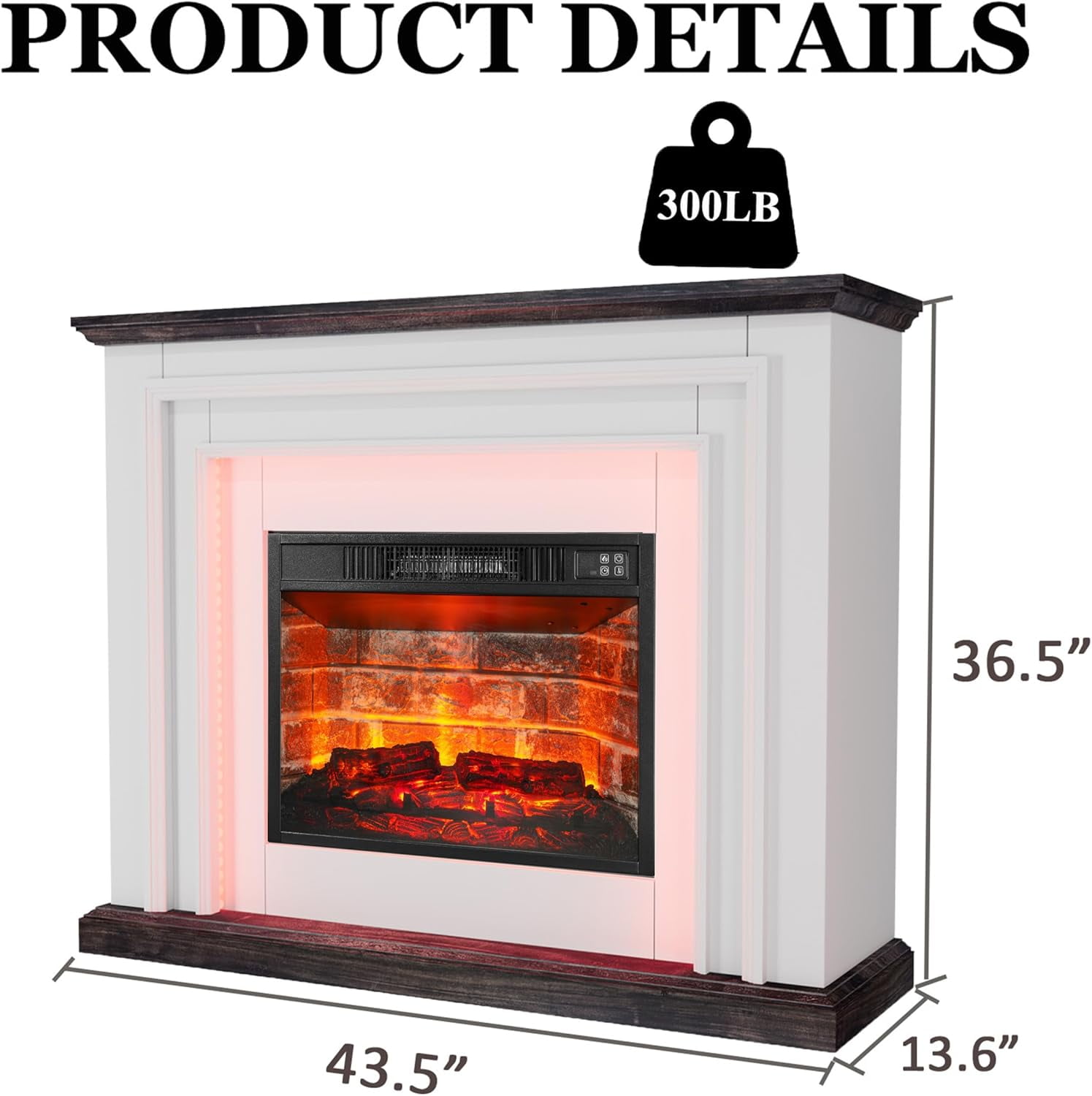 BOSHIRO 44-Inch Freestanding Electric Fireplace Heater with Mantel, Realistic LED Flame, Remote & Touch Control, 1400W, White & Brown
