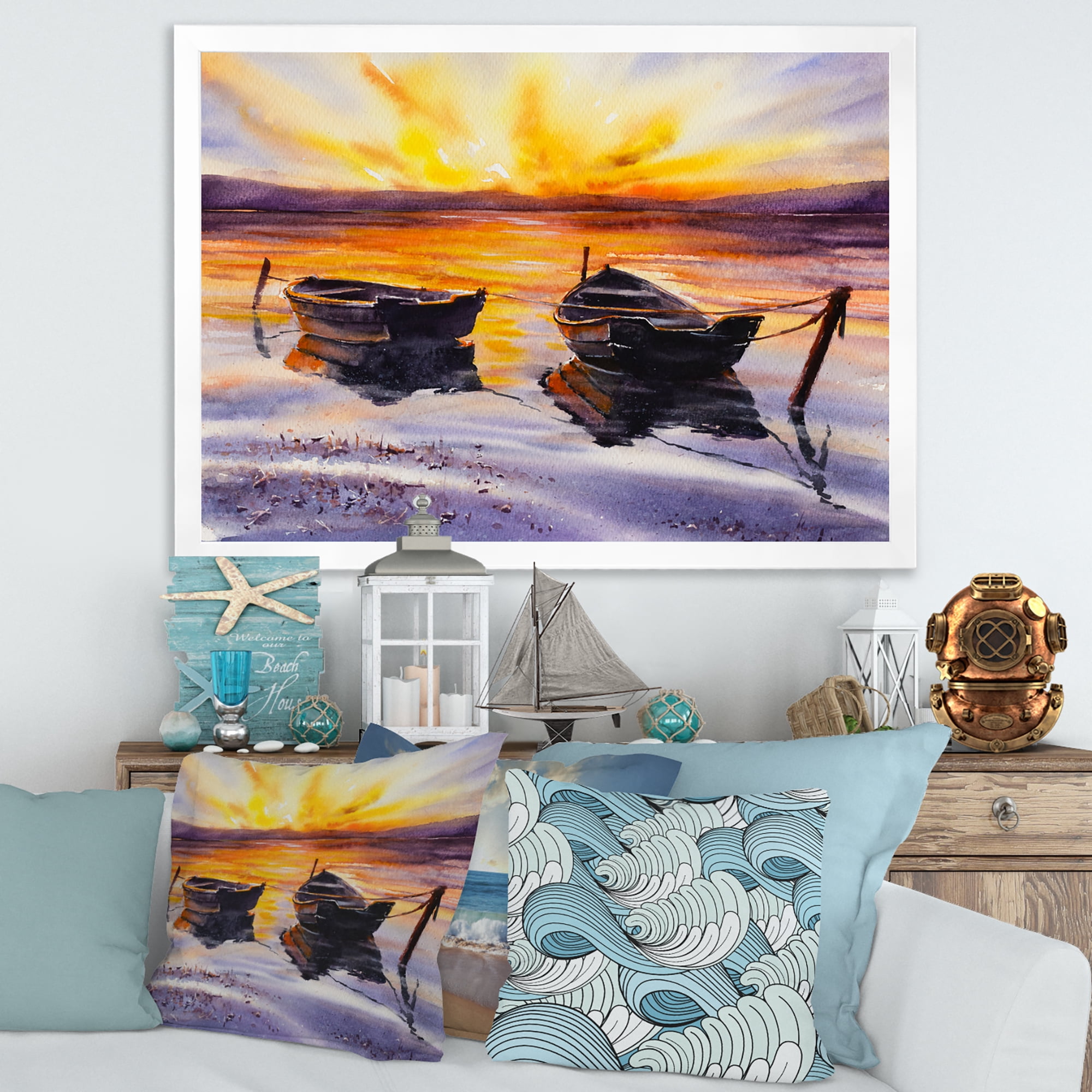 Designart 'Two Small Boats Parking On The Shore and Sunset' Lake House Framed Art Print