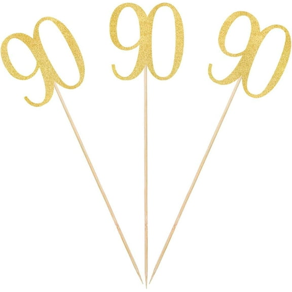 Gold Glitter 90th Birthday Centerpiece Sticks, 12-Pack Number 90 Table Topper Anniversary Party Decorations