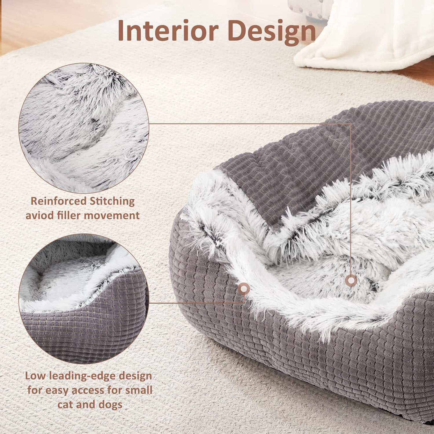 Luxury Orthopedic Dog Bed With Blanket Hood Grey 25 Inches Soft Faux Fabric